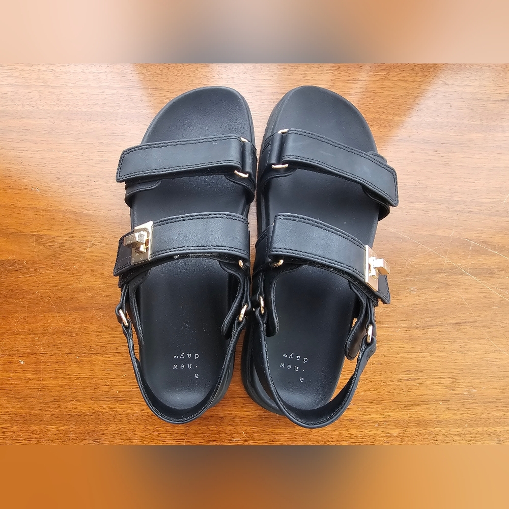 A New Day Black Sandals with Gold Accents